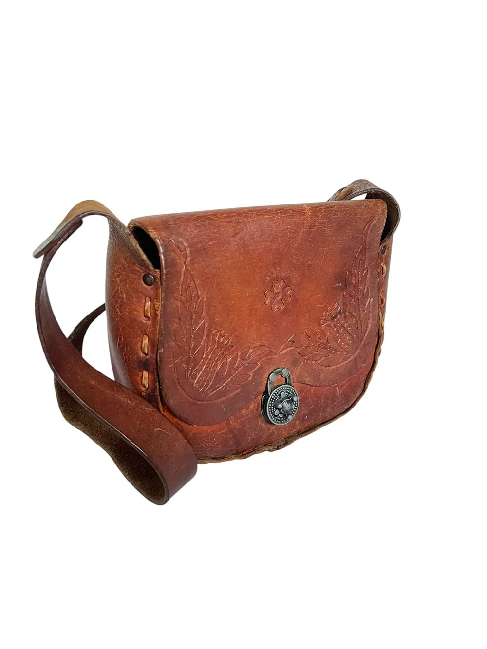 Vintage 70s Hand Tooled Leather Crossbody Saddle Bag Brown Boho Western Purse